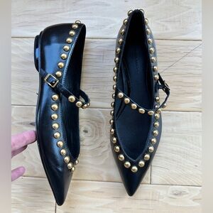Rebecca Minkoff Milan Black and Gold Studded Mary Jane Pointed Toe Flats
